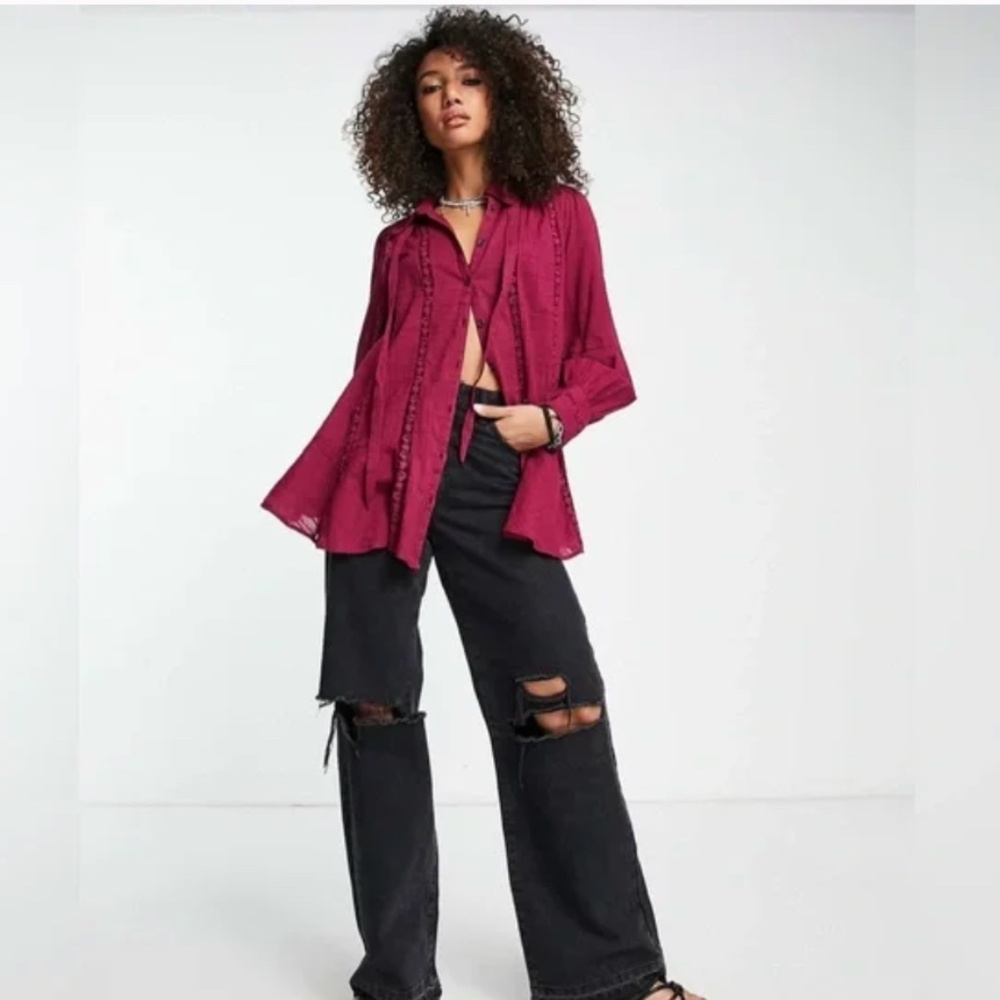 Free People Mikaela Tunic Off Beat Magenta Oversize Button Down Shirt SMALL NWT